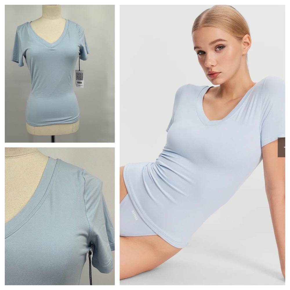 BetterMe BTTRM Womens V-Neck Short Sleeve Athletic T-Shirt Light Blue NWT S